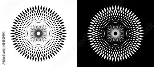 Abstract background optical illusion in circle. Art design spiral as logo or icon. A black figure on a white background and an equally white figure on the black side.