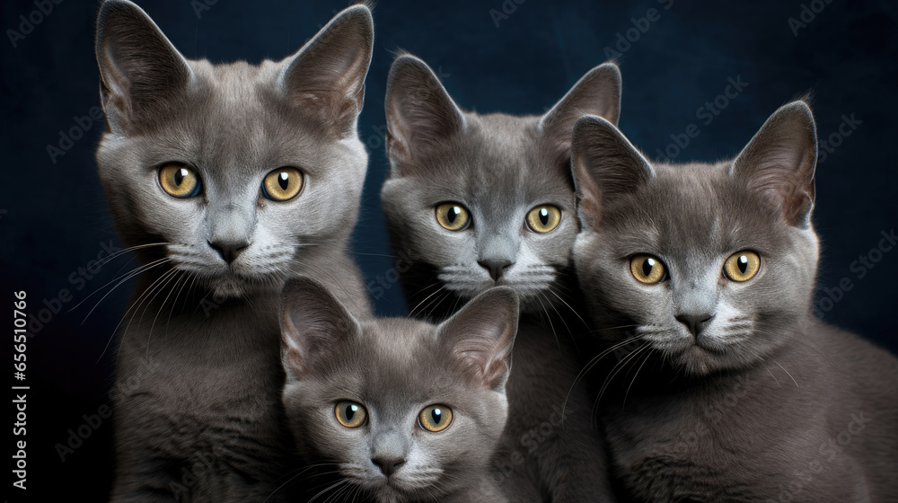 Group of cats of breed Russian Blue close up