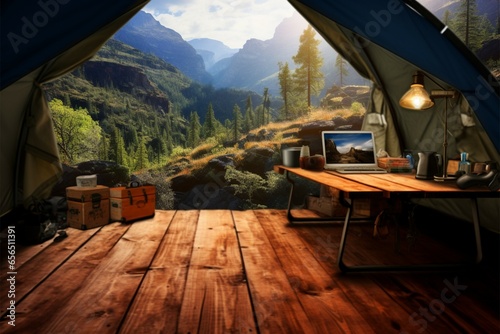Ample desk space paired with a camping themed background © Jawed Gfx