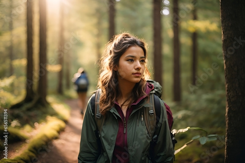 A girl with a backpack and hiking boots, walking on a trail in a forest