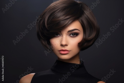 Portrait of a beautiful woman with short hair. Dark background.