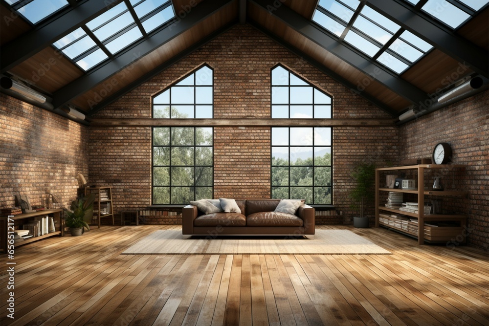 An expansive loft style room with ample windows, contemporary design elements