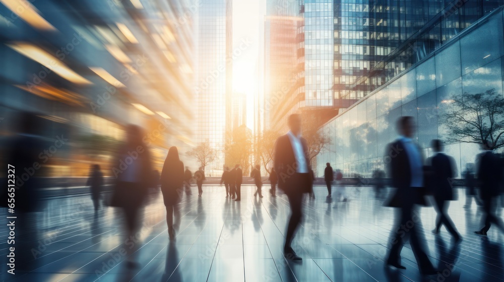 Abstract motion blur image, business center concept, Cinematic color tone, business people crowd walking at corporate office in city downtown, blurred background, Generative AI