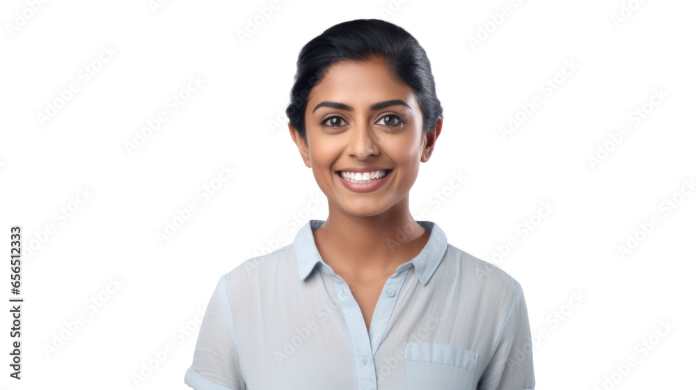 Joyful Indian Woman in Casual Attire, Dark Hair in a Bun, Radiating Positivity, Isolated on White Background with a Pleasant Smile. Joyful Indian Woman in Casual Attire, Dark Hair in a Bun, Radiating Positivity, Isolated on White Background with a Pleasant Smile.