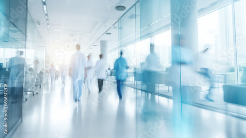Doctor and nurse people in hospital interior or clinic corridor for background, abstract blurred image, laboratory, science experiment, health care and medical technology concept, Generative AI