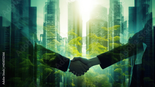 Sustainability in business, two partner are shaking hands in office, Deal, Collaborative teamwork, Environmental, climate change, blur green forrest background, negotiation. Generative Ai
