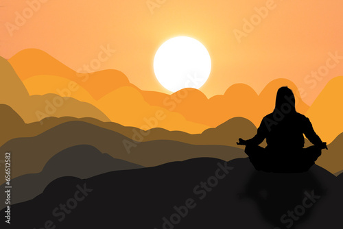 Woman meditating in sitting yoga position on the top of a mountains,meditation, relax, recreation, healthy lifestyle.