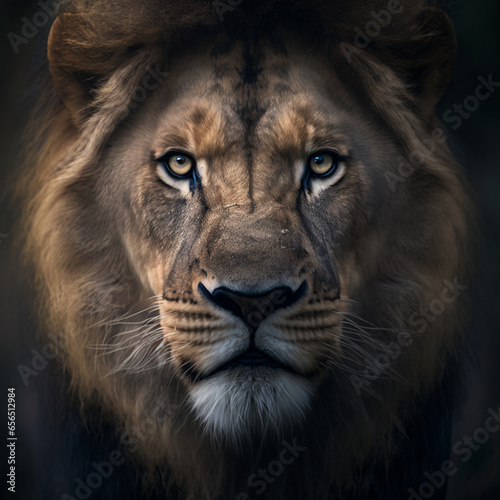 cinematographic scene of a lion s face seen from the front with an imposing look. AI generated 