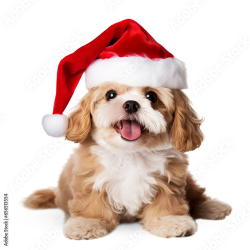 Funny dog in santa hat isolated.
