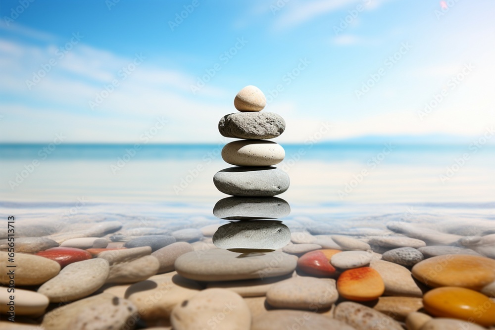 Balancing pebbles on a wooden beach surface, epitomizing Zen serenity