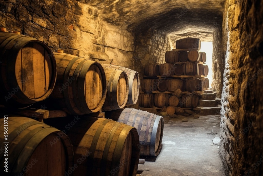 Ancient wine in old wooden barrels stored in medieval stone cellars. Generative AI
