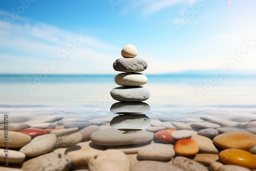 Balancing pebbles on a wooden beach surface  epitomizing Zen serenity