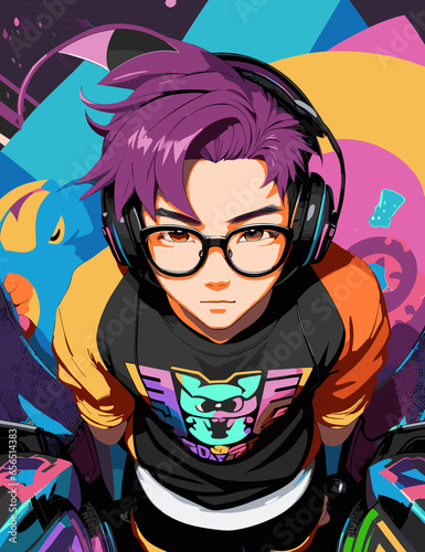 Handsome man anime gamer with headphones 
