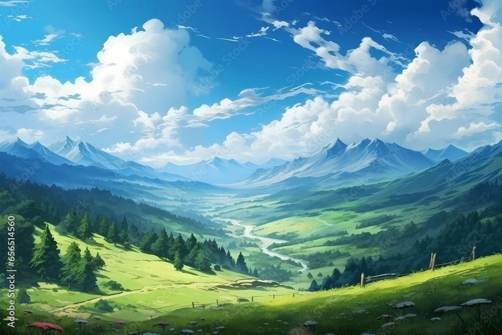beautiful mountains and grasslands anime style