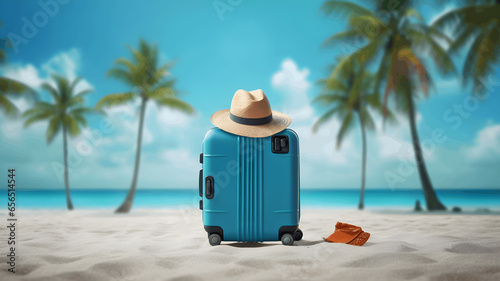 Blue Travel suitcase and hat on topical beach photo