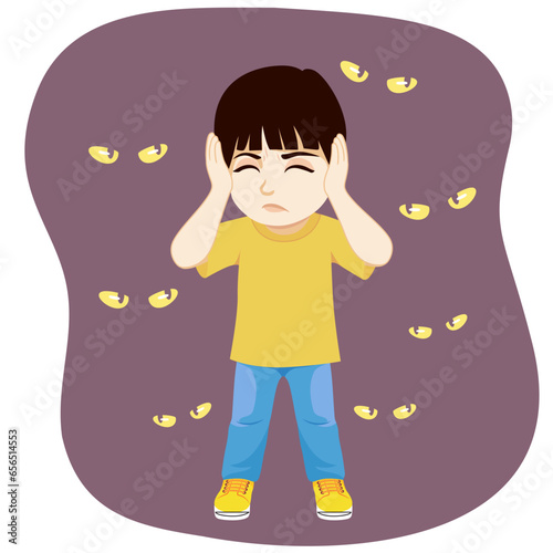 Vector illustration of afraid scared boy covering ears having phobia of dark. Small child feeling fearful of noises and ghosts