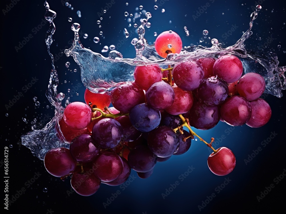 red grapes splashing during the splash of water in blue background