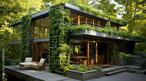 modern house with a terrace and green plants