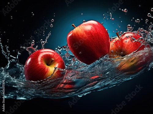 group of red apples jumping into water on a blue black background