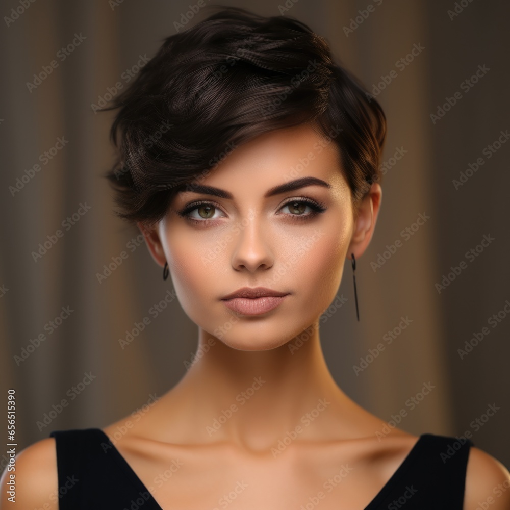 Fototapeta premium Studio portrait of a beautiful woman with a fashionable short haircut.