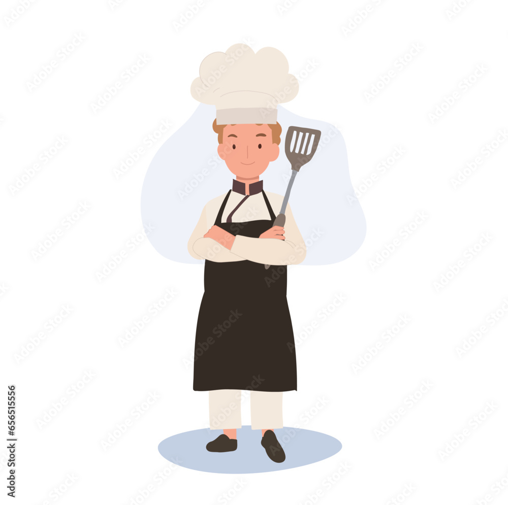 Confident Young Kid Chef with Crossed Arms and holding flipper. Junior Chef in Chef Hat. Confident Young Kid Chef with Crossed Arms and holding flipper. Junior Chef in Chef Hat.