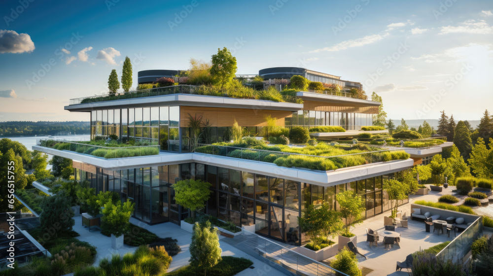 ultra modern architect villa lots of green plants. ECO friendly living - obrazy, fototapety, plakaty 