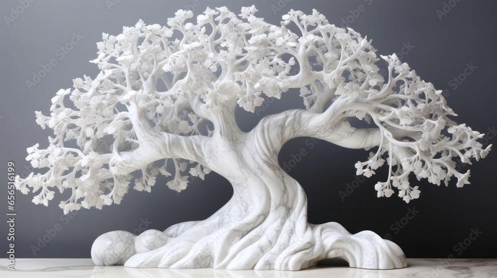 White marble bonsai tree on grey background. 3d illustration. AI generative. White marble bonsai tree on grey background. 3d illustration. AI generative.