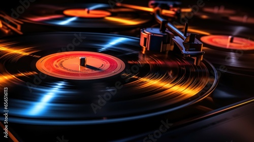 Spinning vinyl records on a dark background