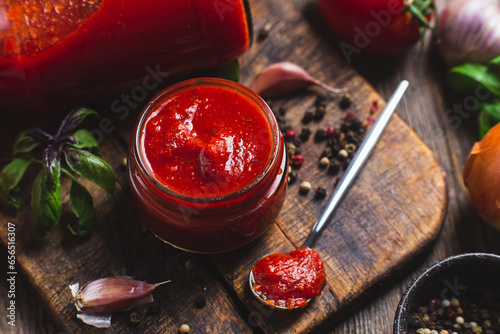Fototapeta Naklejka Na Ścianę i Meble -  Ketchup in a jar. Tomato sauce on a dark background