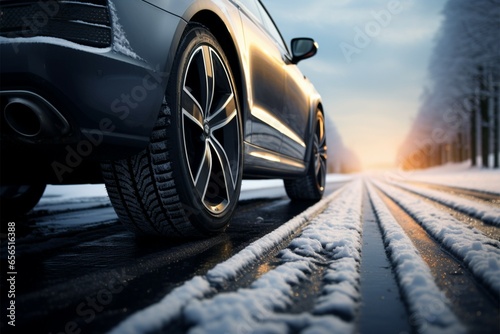 Brand new winter tires presented against a snow covered road background