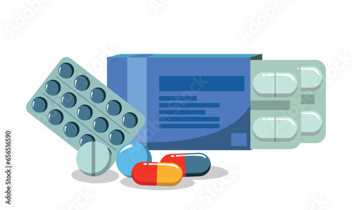 Various meds. Pills, capsules blisters, glass bottles with liquid medicine & plastic tubes with caps. Drug medication & supplements collection. Realistic flat style vector object illustration