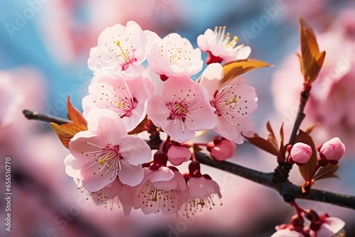 Cherry blossoms in full bloom against a springtime sky backdrop photo