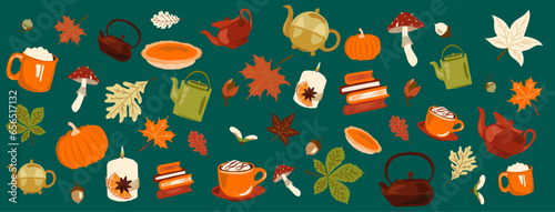 Ensemble vectoriel d'éléments automne douillet, comprenant des citrouilles, des feuilles, chai latte et champignons. Parfait pour les créations automnales.