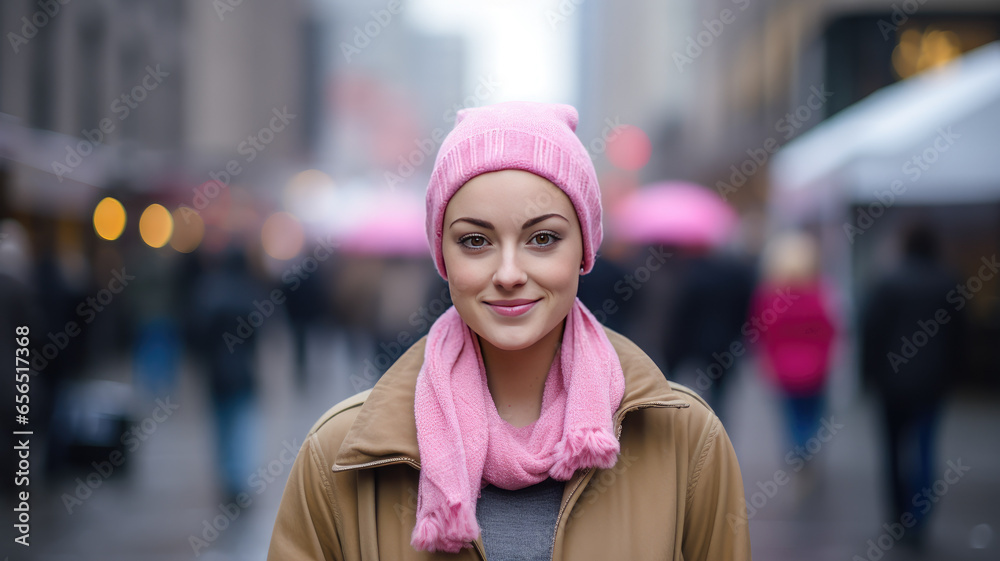 girl smiling at the camera after overcoming cancer, on the street girl smiling at the camera after overcoming cancer, on the street