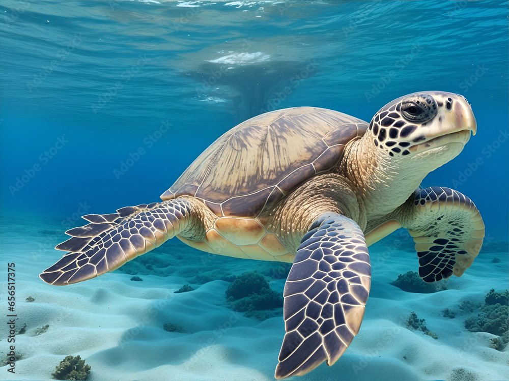 Una tortuga marina nadando profundamente bajo el agua. Vista de frente y de cerca. IA Generativa  - obrazy, fototapety, plakaty 