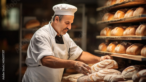 baker placing bread for sale