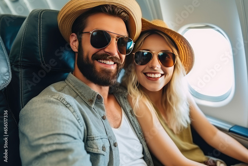 couple of young people, with glasses and hat, happy sitting on the plane © Daniel