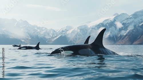group of orcas swimming through the arctic sea