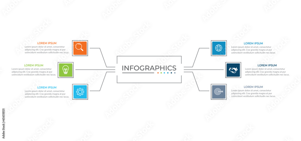 Vector infographic label design concept with square layout and marketing icons with 6 steps or options. Vector infographic label design concept with square layout and marketing icons with 6 steps or options.