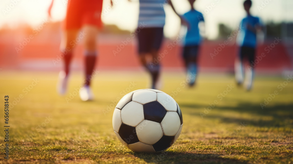 Kids football - young children players match on soccer field, Banner Kids football - young children players match on soccer field, Banner