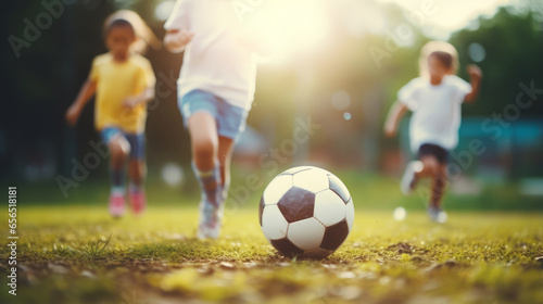 Kids football - young children players match on soccer field, Banner © standret