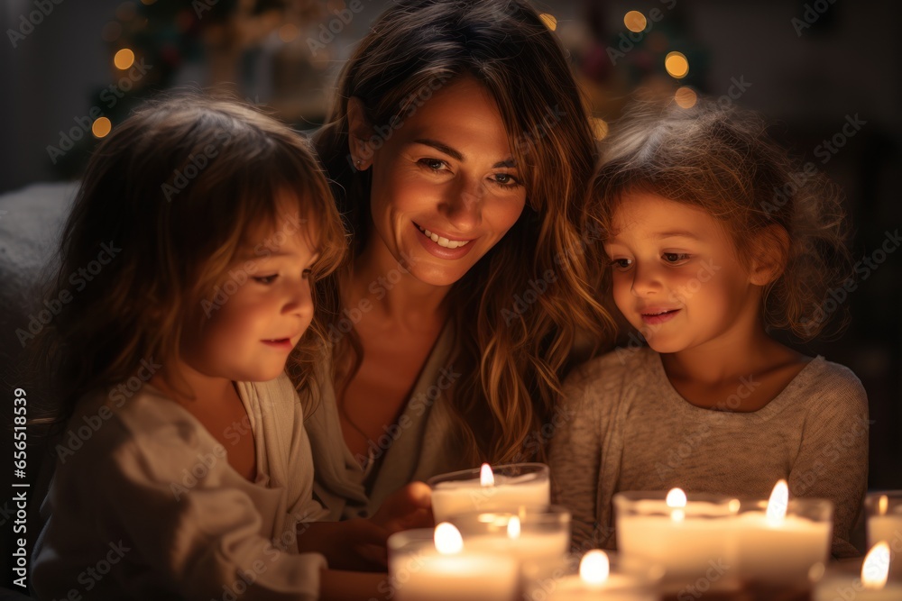 Mother and her little daughters in a warm light setting with candles in the living room on the Christmas season. AI generative Mother and her little daughters in a warm light setting with candles in the living room on the Christmas season. AI generative