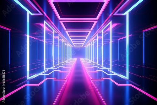 Abstract futuristic corridor with UV lights, mirror and neon lines forming a geometric 3D tunnel in blue and pink spectrum. Generative AI