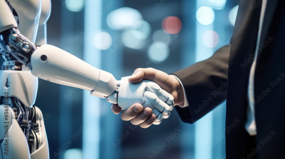 Handshake between human and robot in a research lab, working together for success - Concept about tech innovation, machine learning progress and partnership with future Artificial General Intelligence - obrazy, fototapety, plakaty 