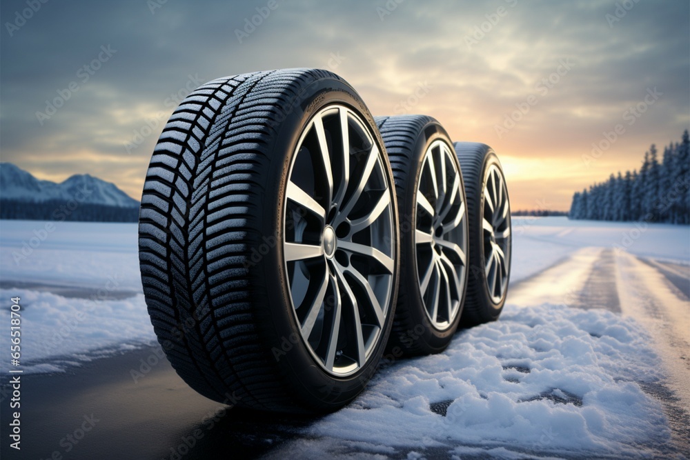 Fresh winter tires displayed against a snowy road, brand new quality Fresh winter tires displayed against a snowy road, brand new quality