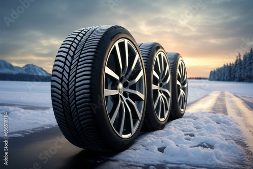 Fresh winter tires displayed against a snowy road, brand new quality