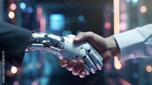 Handshake between human and robot in a research lab, working together for success - Concept about tech innovation, machine learning progress and partnership with future Artificial General Intelligence © mozZz