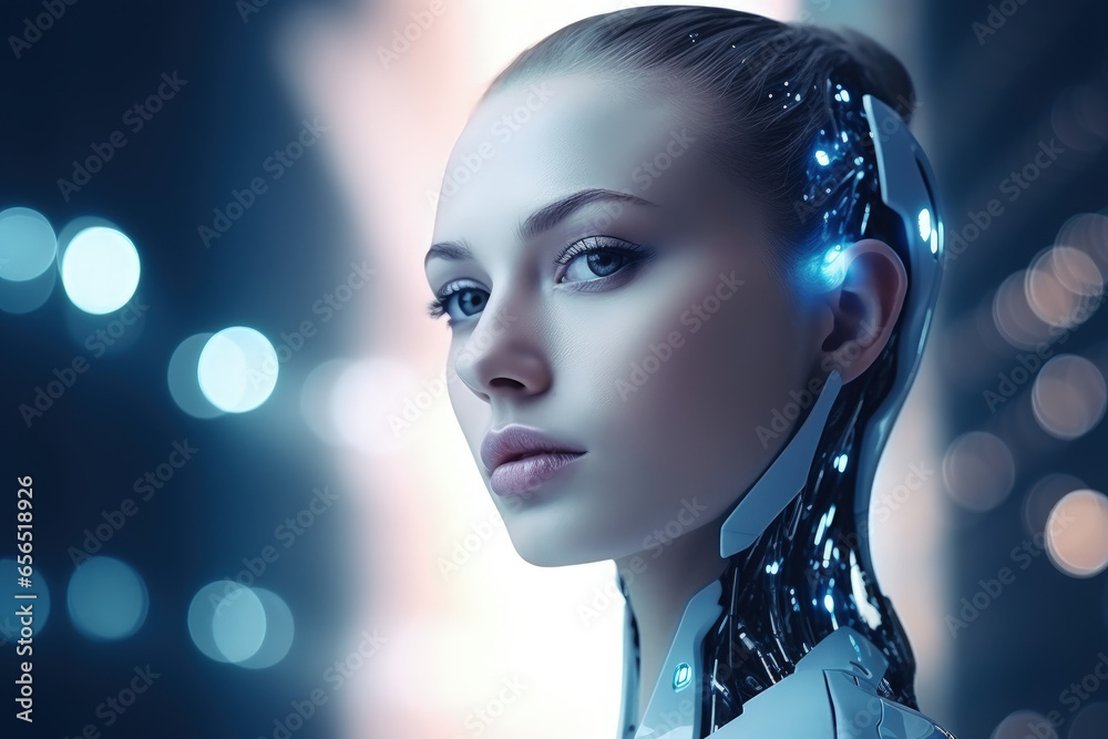 In this image, a futuristic AI android robot and a female cyborg ...