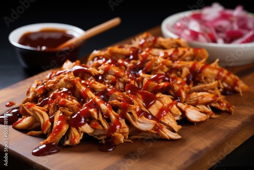 contoured pulled chicken pieces under drizzle of bourbon bbq sauce