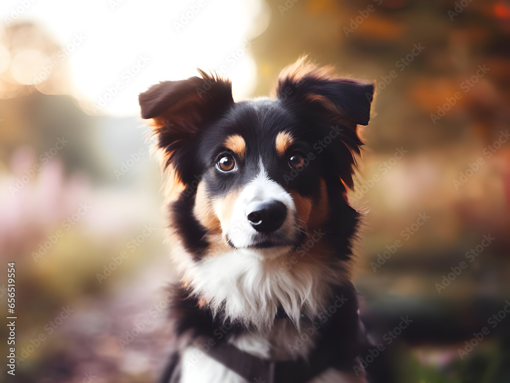 Shepherd dog sitting, looking straight at camera, heavily blurred outdoors background as copy space